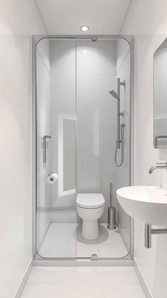 Frameless glass shower enclosure in a narrow bathroom layout