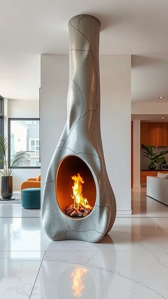 A modern freestanding sculptural fireplace with a unique design, featuring a tall, curved structure and open flame.