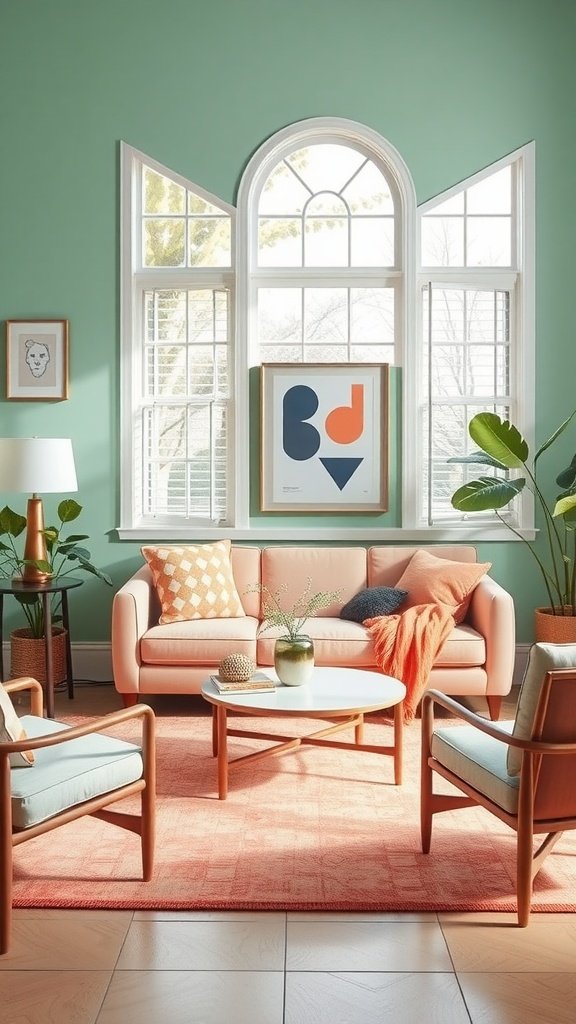A stylish living room featuring mint green walls, a coral sofa, and modern decor.