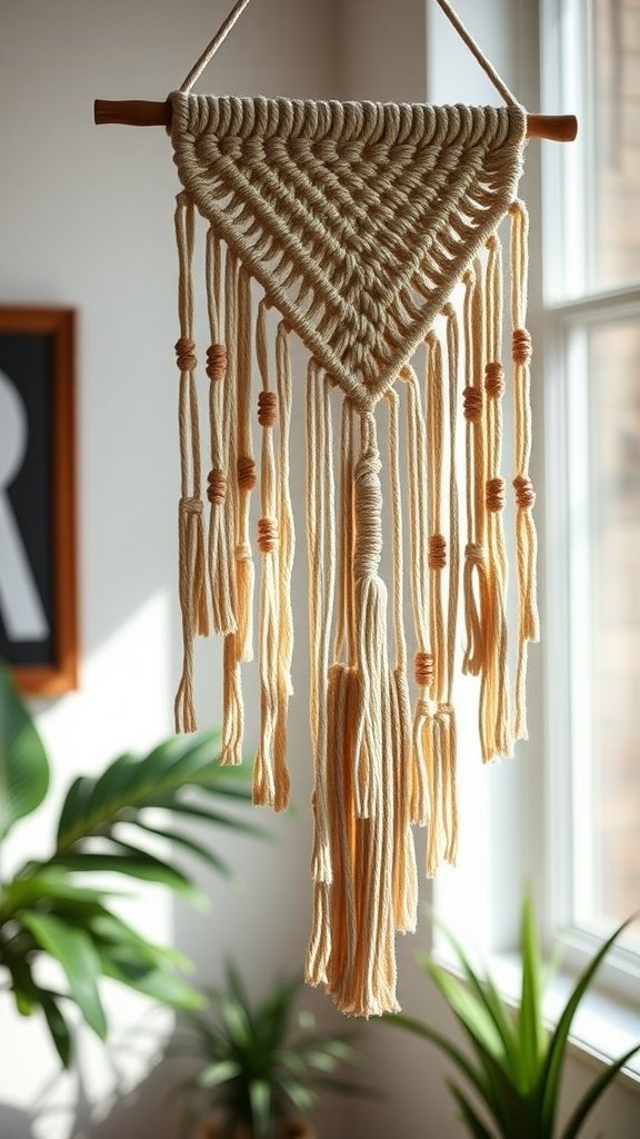 Fringe-detail macramé wall hanging with tassels, set against a bright interior and plants.
