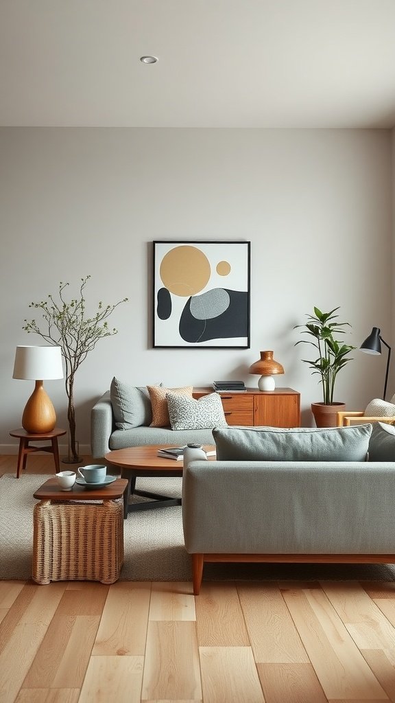 A stylish living room featuring a blend of Japandi and Scandinavian furniture in soft hues.