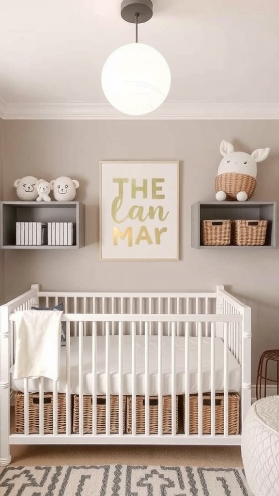 A gender-neutral nursery featuring a crib with storage baskets underneath, stylish wall shelves, and playful decor.