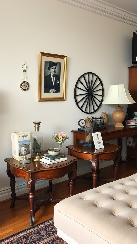 Two antique side tables with a vintage lamp and decorative items.