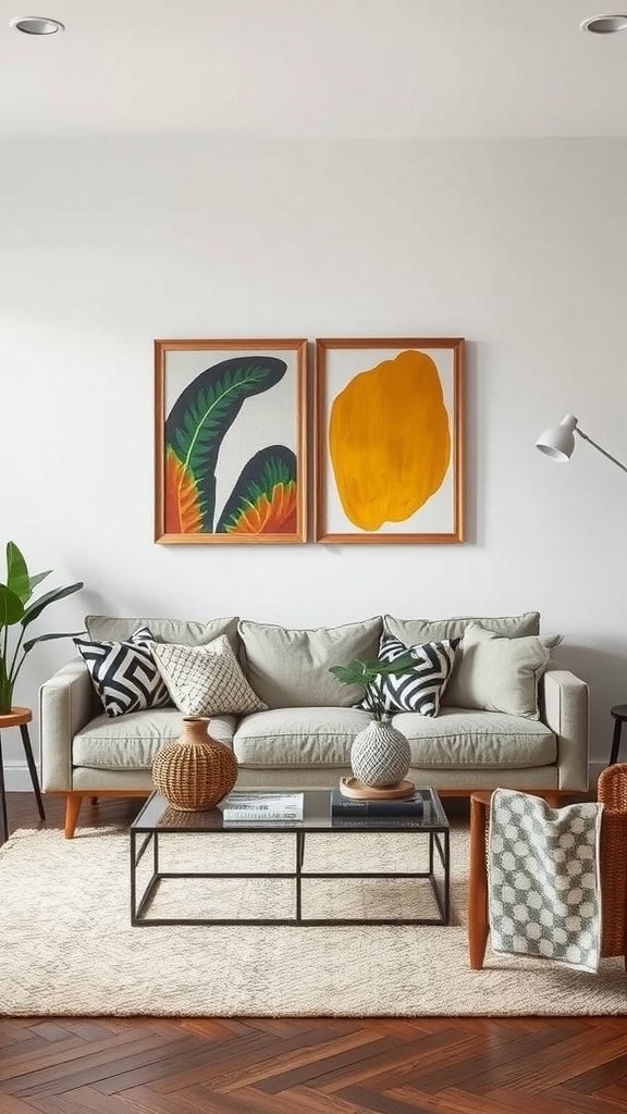 A stylish living room featuring functional artwork with modern design elements.