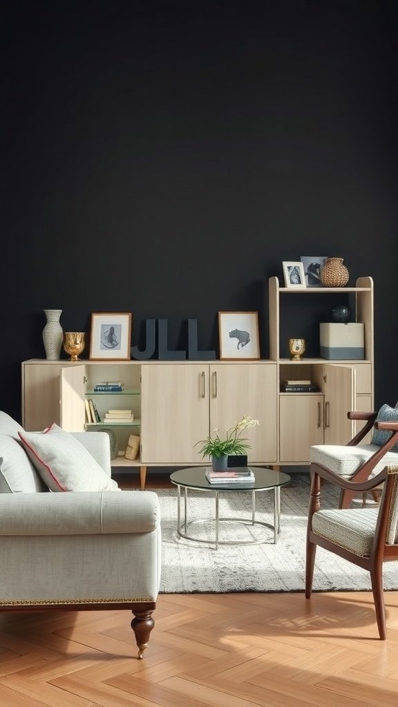 A stylish living room with light furniture and dark walls featuring functional decorative storage.