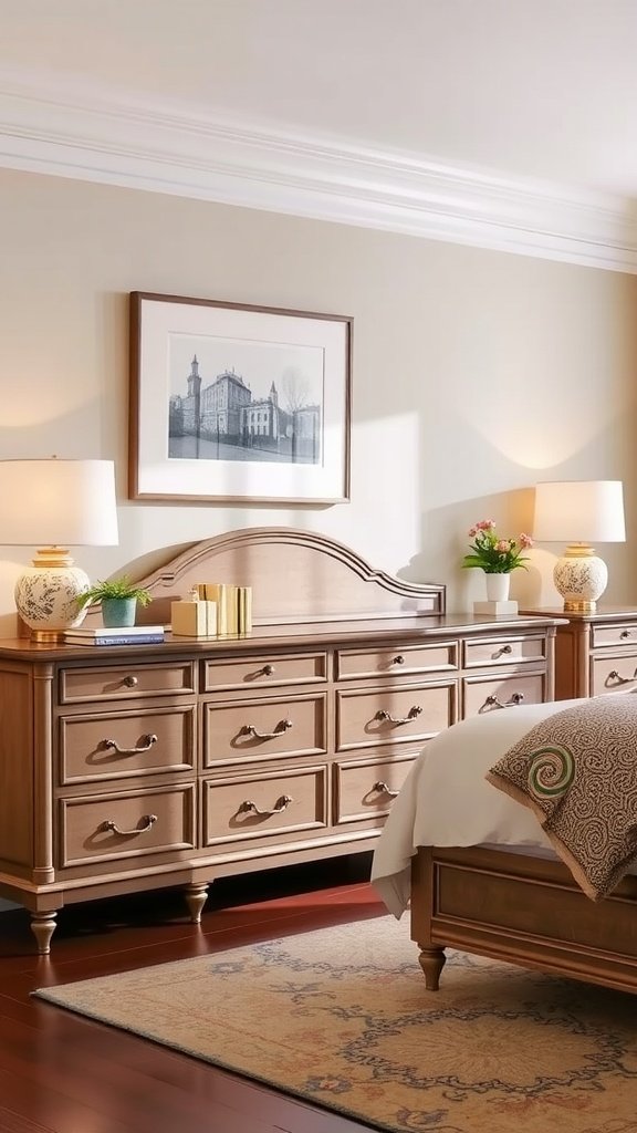 A cozy bedroom with a wooden dresser, a mirror, and soft bedding.