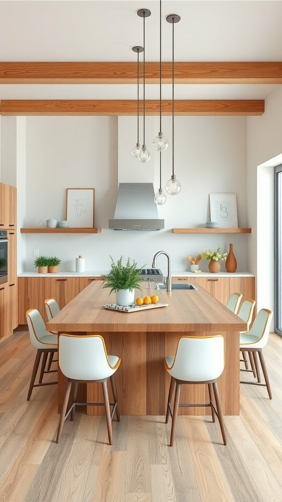 A modern kitchen with a wooden island, white chairs, and natural light.