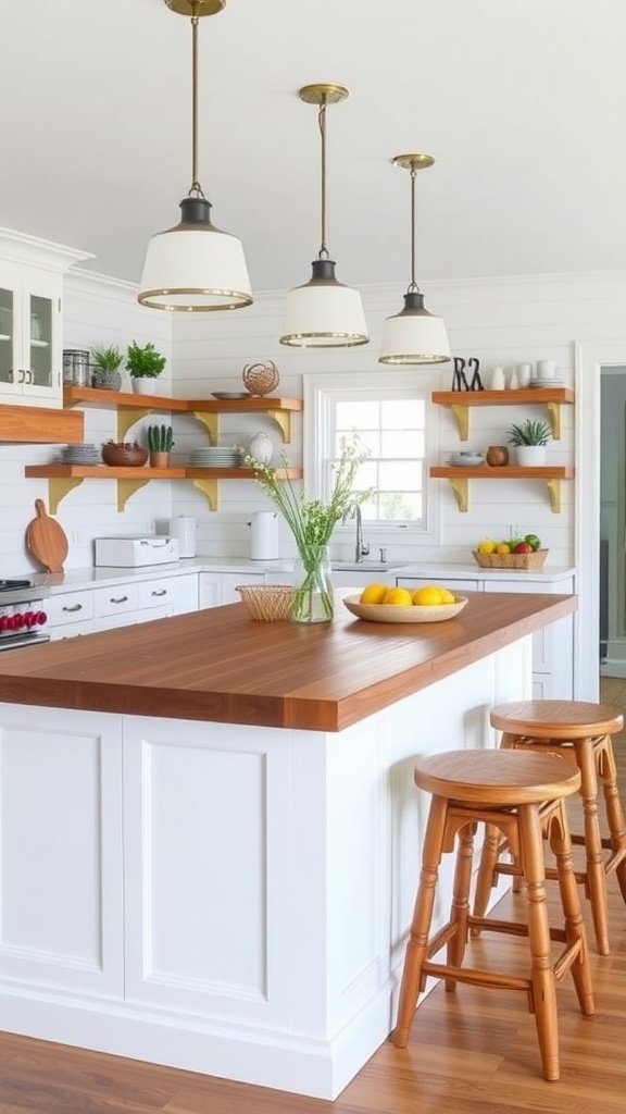 A cozy farmhouse kitchen with a wooden island and stools, featuring modern appliances and warm decor.