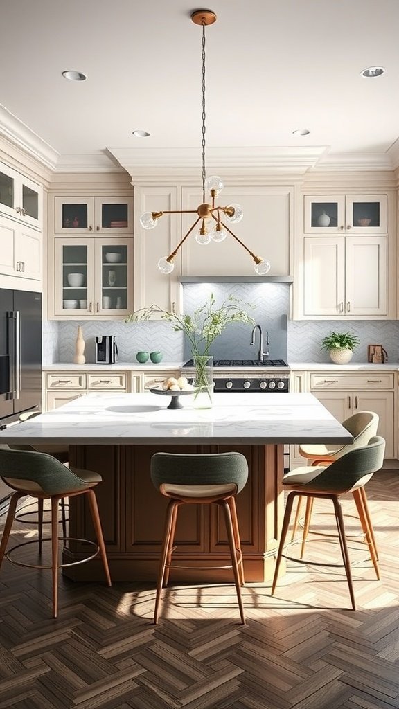 A modern kitchen island with marble countertop and stylish bar stools.
