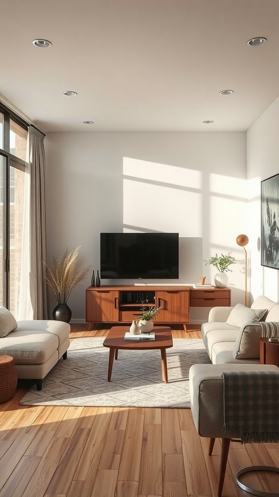 Minimalist living room with a functional layout featuring cozy sofas, a coffee table, and organized decor.