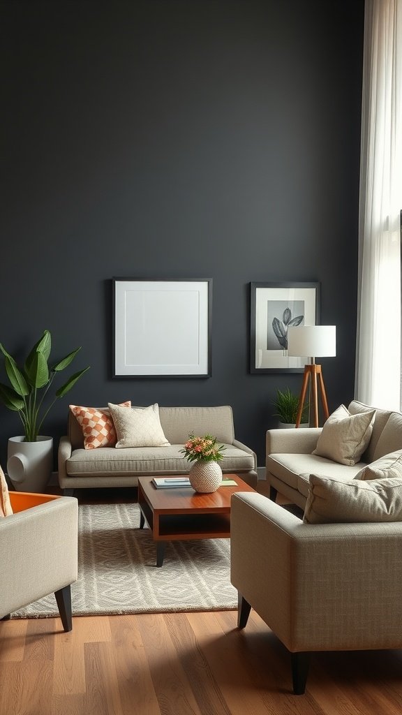 A stylish living room featuring dark walls and light furniture, emphasizing a functional layout