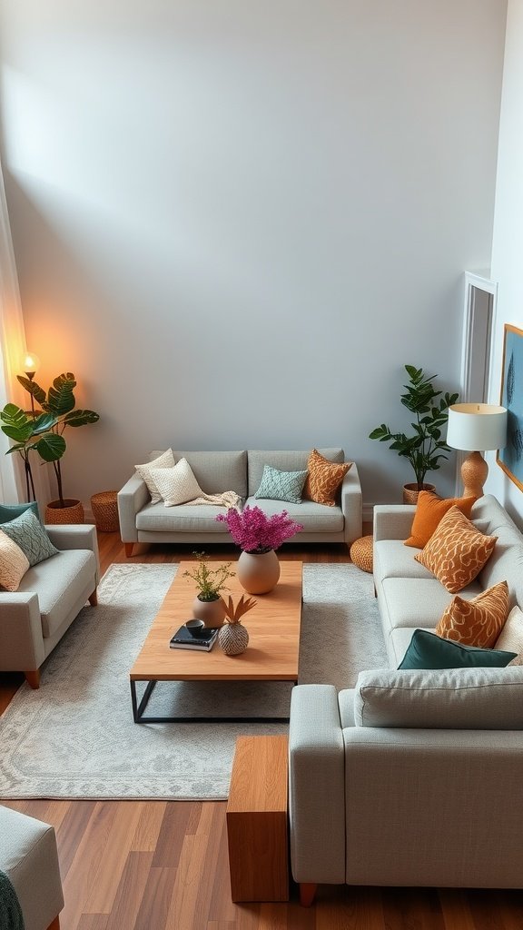 Modern farmhouse living room with cozy furniture and rustic decor.