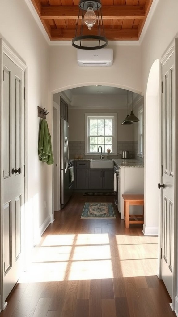 Functional mudroom entryway with a view into a kitchen.