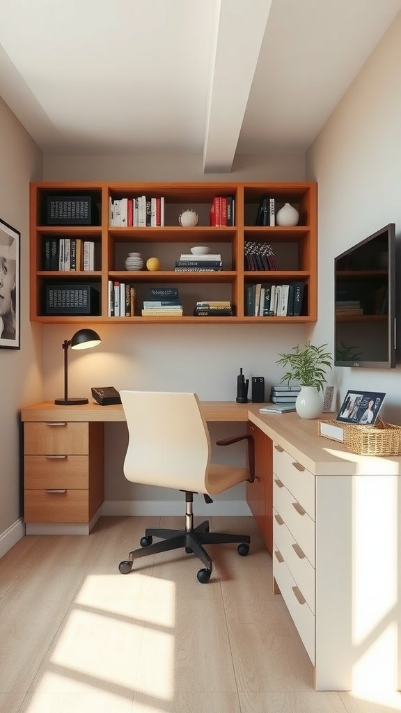 Cozy home office with a desk, shelves, and a comfortable chair.