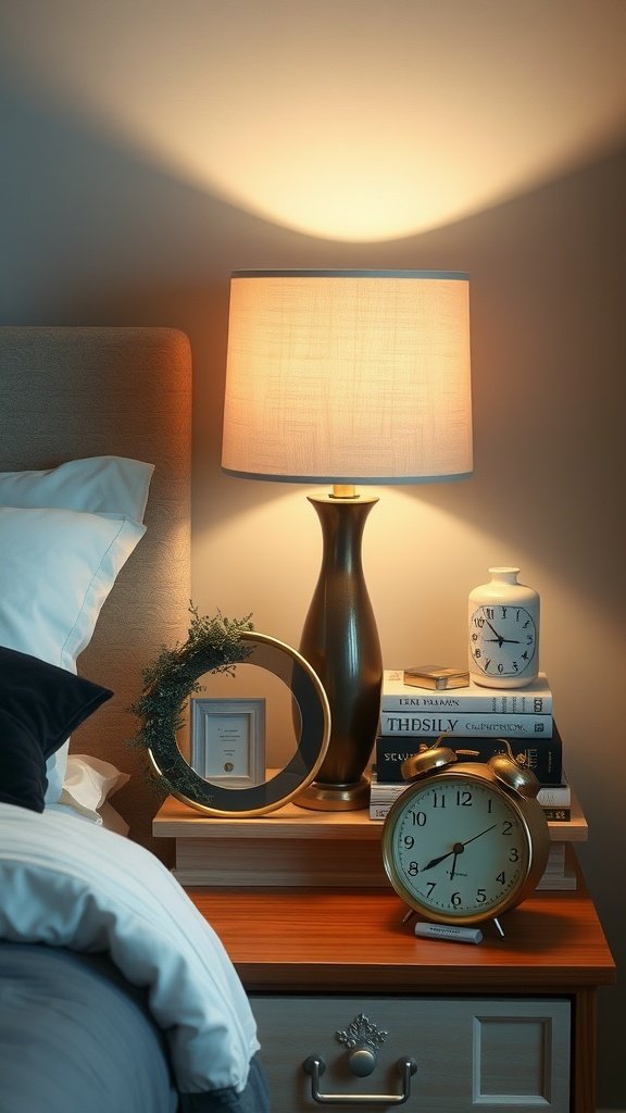 A cozy nightstand with a lamp, clock, and decorative items.