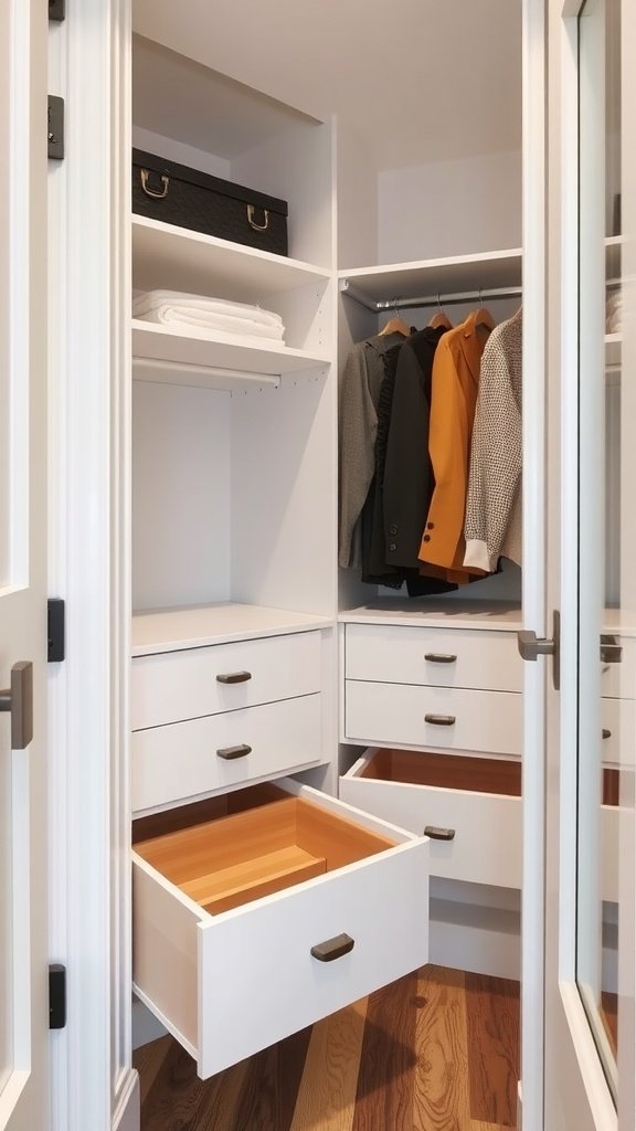 A walk-in closet with pull-out drawers and hanging clothes.