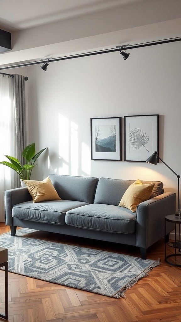 A stylish gray sofa with decorative pillows in a modern living room setting.
