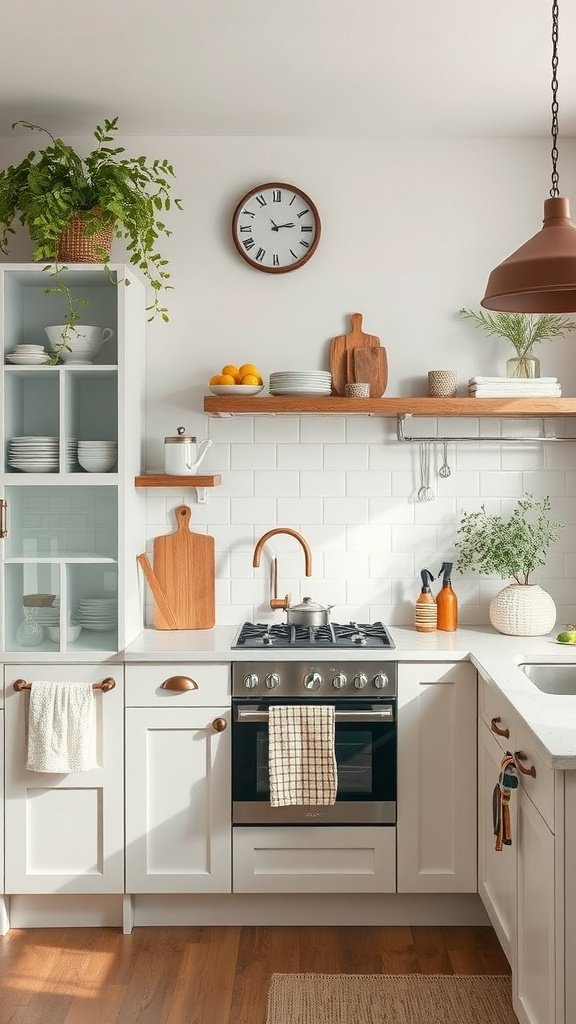 A bright, modern kitchen showcasing functional and decorative elements, featuring a stove, shelves, and plants.