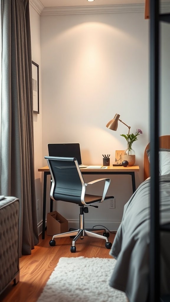 A functional workspace in a bedroom featuring a desk, chair, and decorative elements.