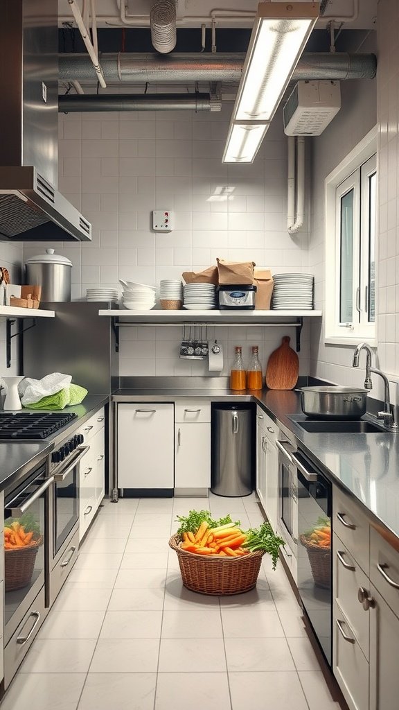 A modern kitchen with functional workstations, showcasing a basket of carrots, stainless steel appliances, and organized shelves.