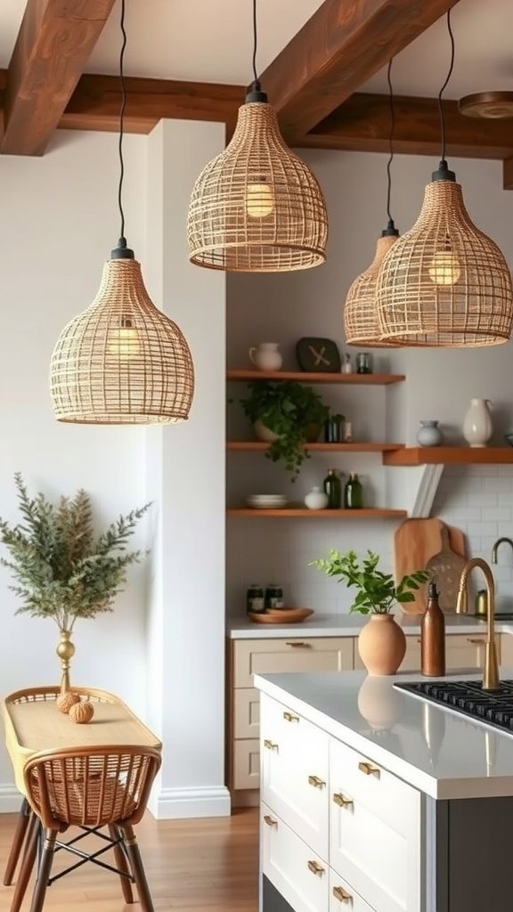 Stylish woven pendant lights hanging in a modern kitchen.