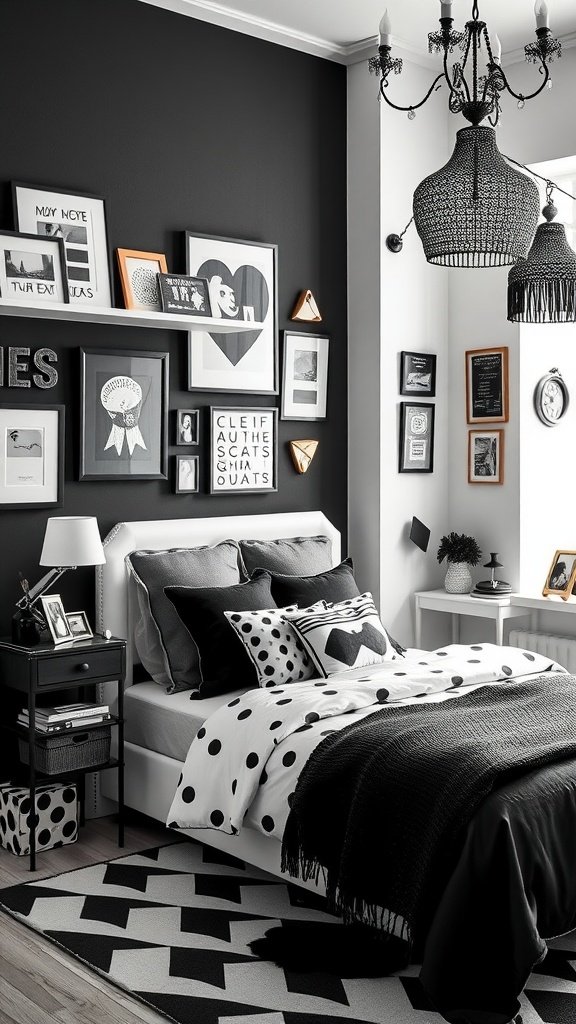 A modern black and white bedroom featuring polka dot bedding, funky pillows, and a gallery wall of framed art.