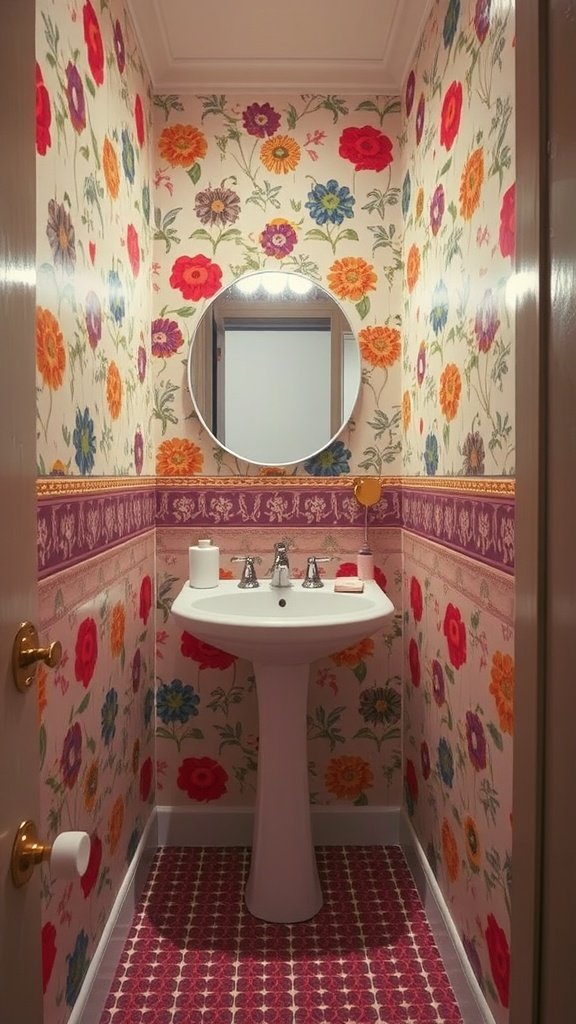 A small bathroom with colorful floral wallpaper and a round mirror above a pedestal sink.