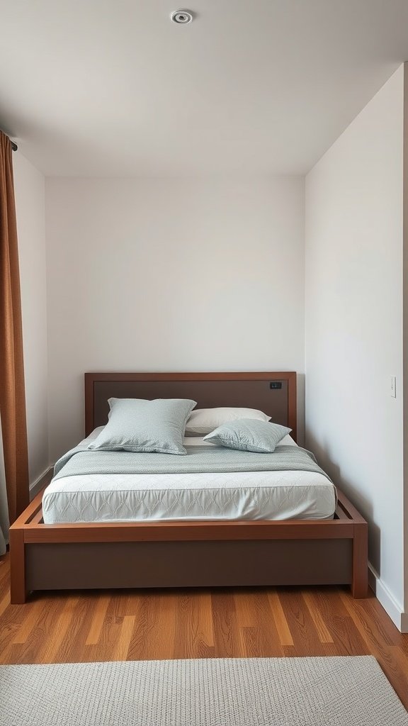 A tidy bedroom featuring a bed with hidden storage options, showcasing a minimalist design.
