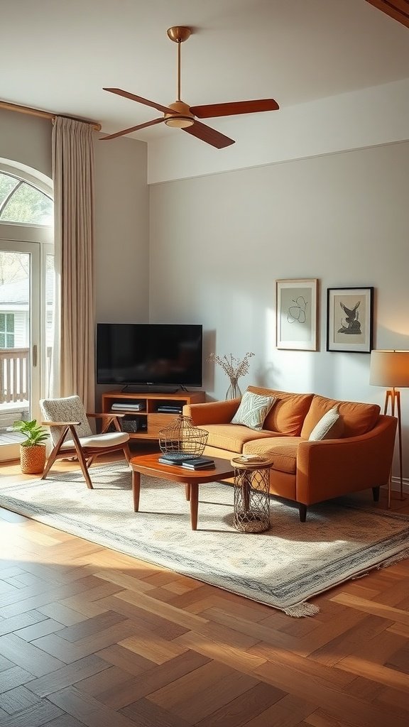 A stylish living room featuring a cozy orange sofa, wooden furniture, and a warm atmosphere.