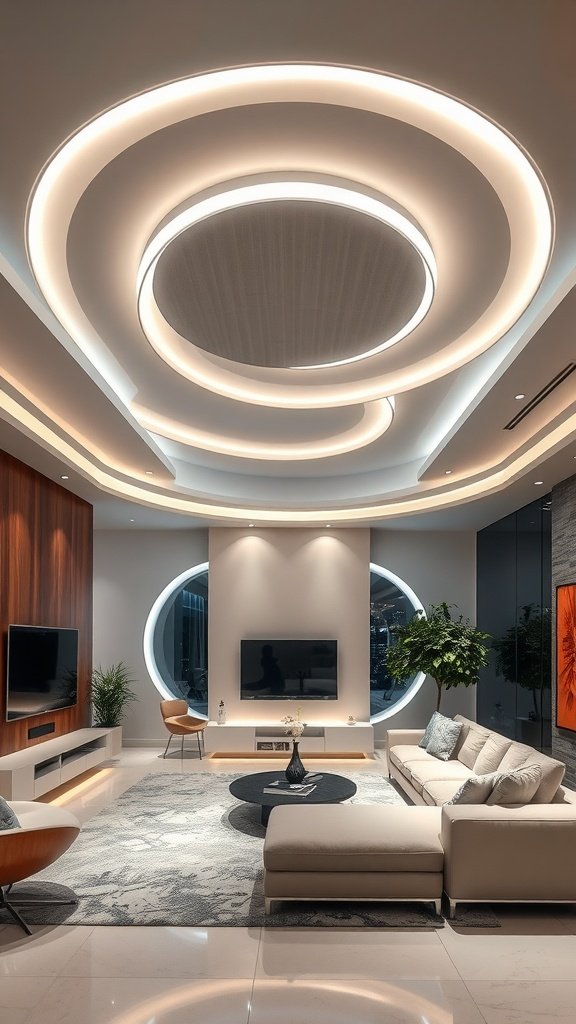 Modern living room with futuristic LED-integrated ceiling design.