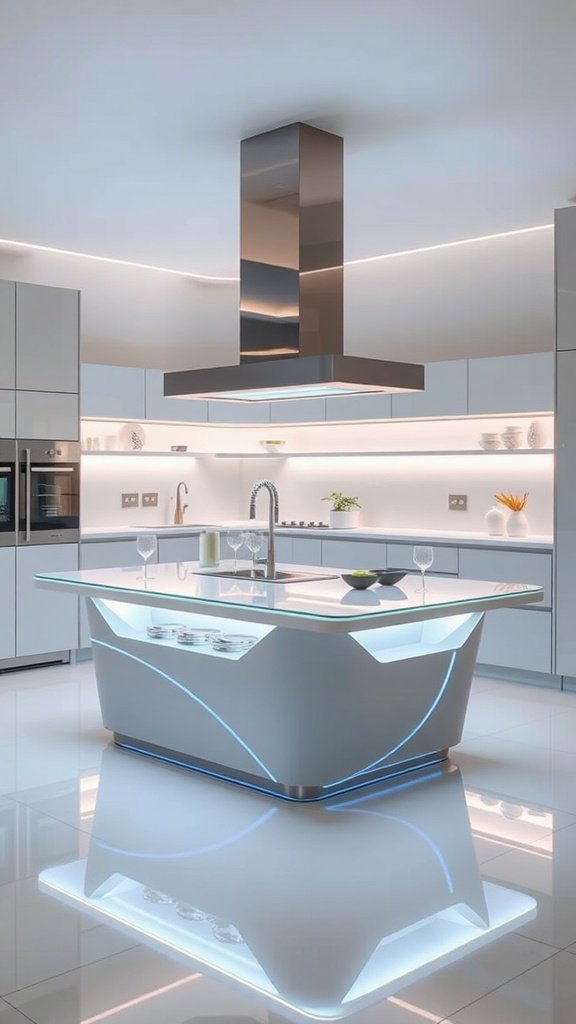 A futuristic kitchen island with a glass top and LED lighting.