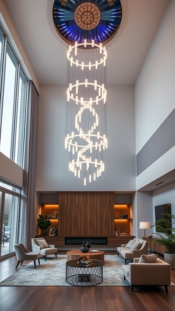 A futuristic LED chandelier hanging in a double-height living room, featuring modern furniture and decor.