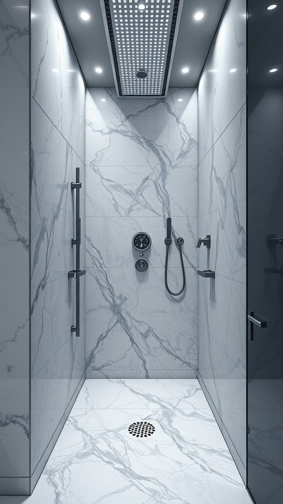 A modern shower featuring sleek marble veining on walls and floor, with stylish fixtures and lighting.