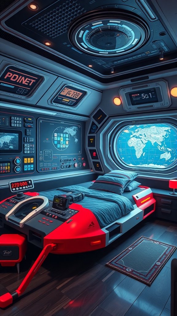 A futuristic bedroom designed as a galactic command center with a cozy bed, advanced technology, and colorful details.