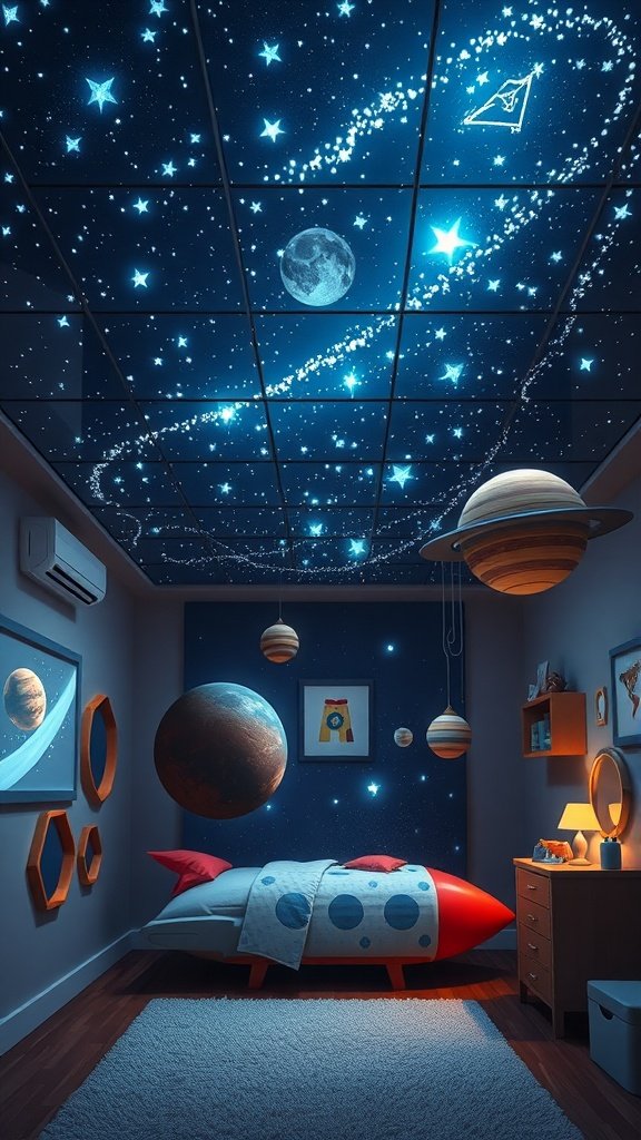 A themed bedroom with a starry ceiling, glowing planets, and a rocket-shaped bed.