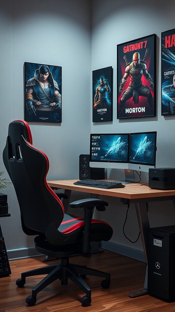 A stylish gaming chair in a study nook with posters and dual monitors.