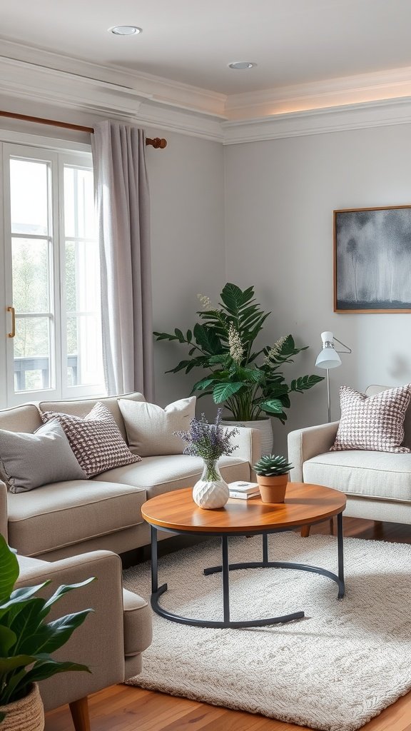 A serene living room featuring gentle lavender hues with neutral decor and plants.