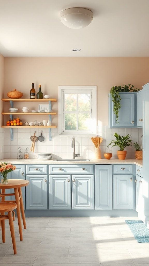 A kitchen with gentle periwinkle cabinets, wooden accents, and natural light.