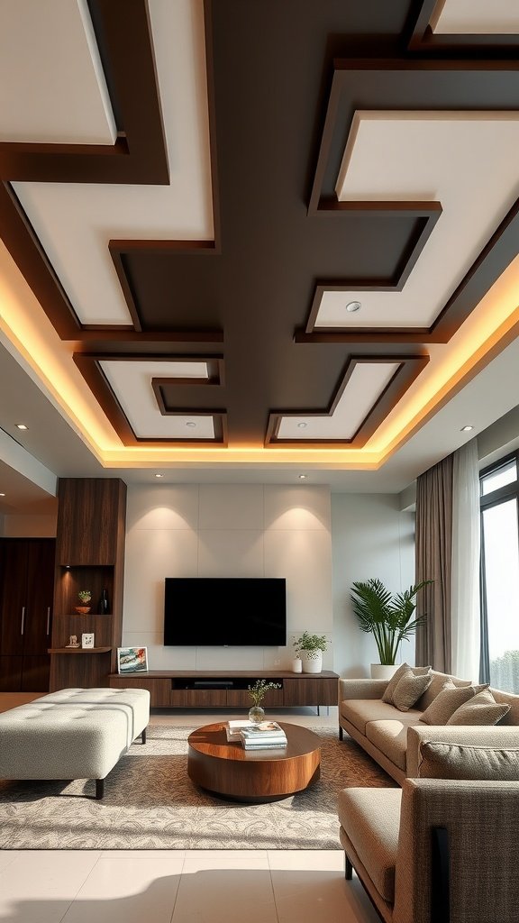 A modern living room with a geometric patterned ceiling and stylish furniture.