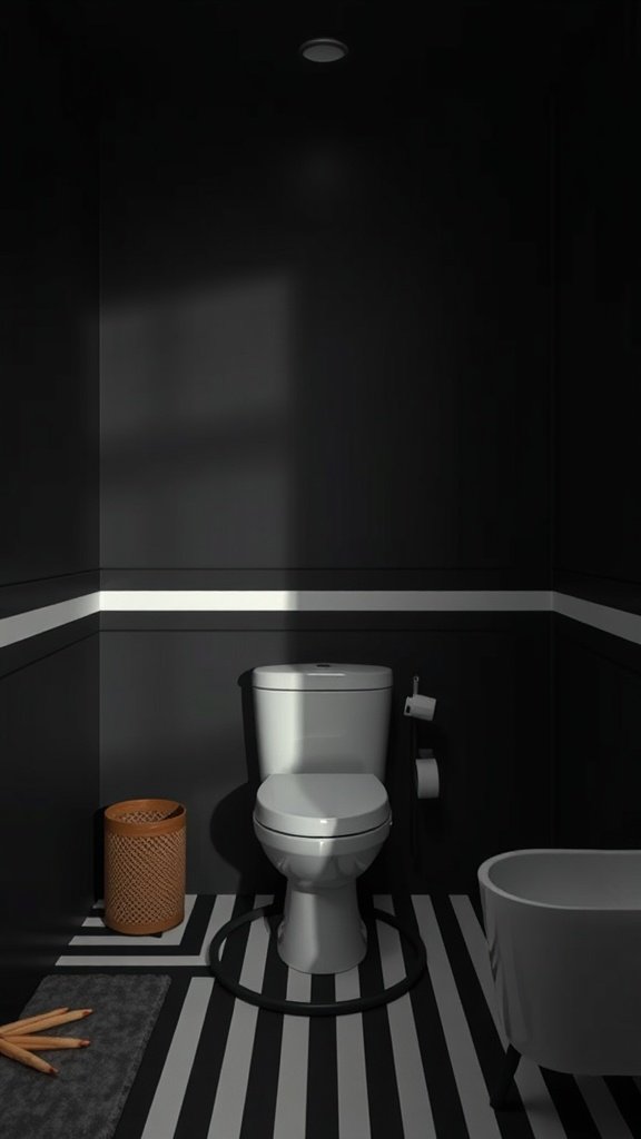 Dark bathroom with asymmetric striped patterns on the floor and wall