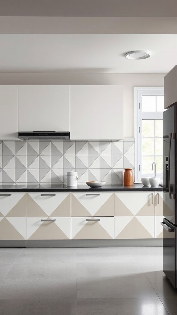 A modern kitchen featuring two-tone cabinets with geometric patterns in soft beige and white.
