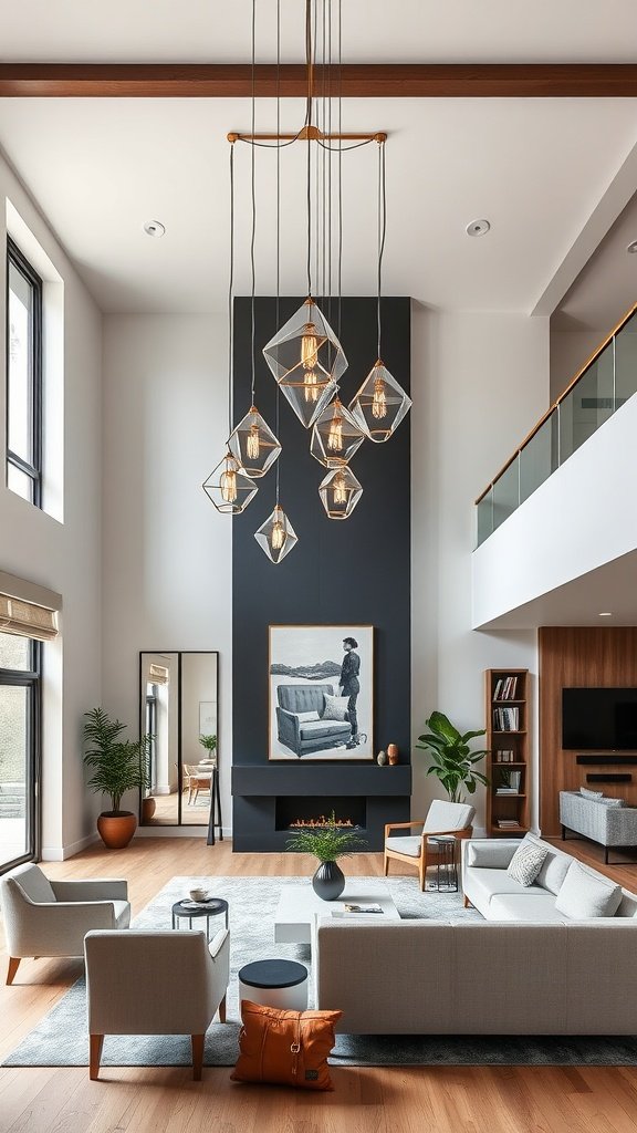 A stylish double-height living room featuring a geometric pendant cluster lighting design.