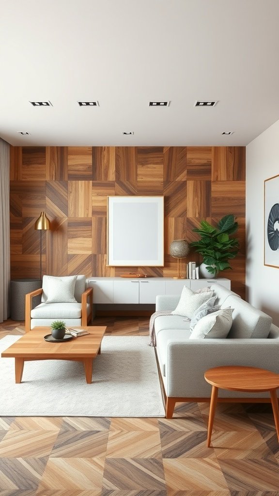 Modern living room featuring geometric wood paneling accent wall.
