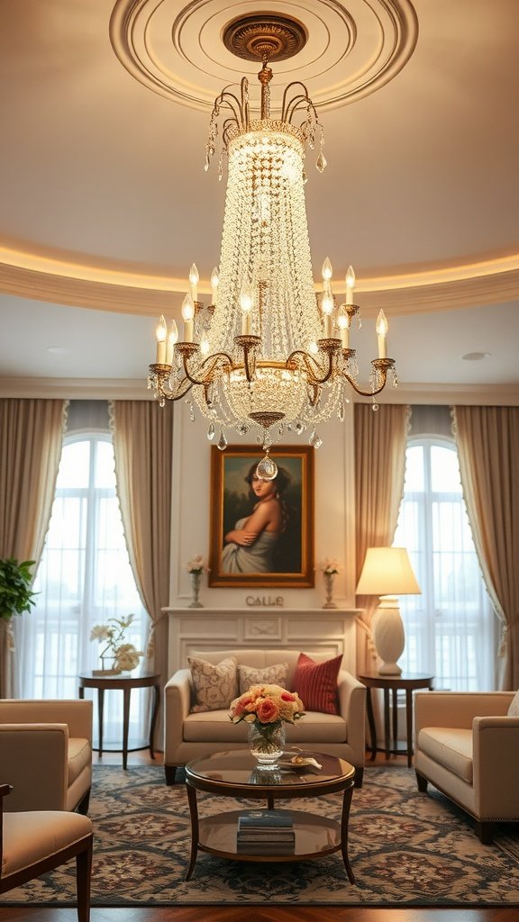 Elegant living room featuring a crystal chandelier and tasteful decor.