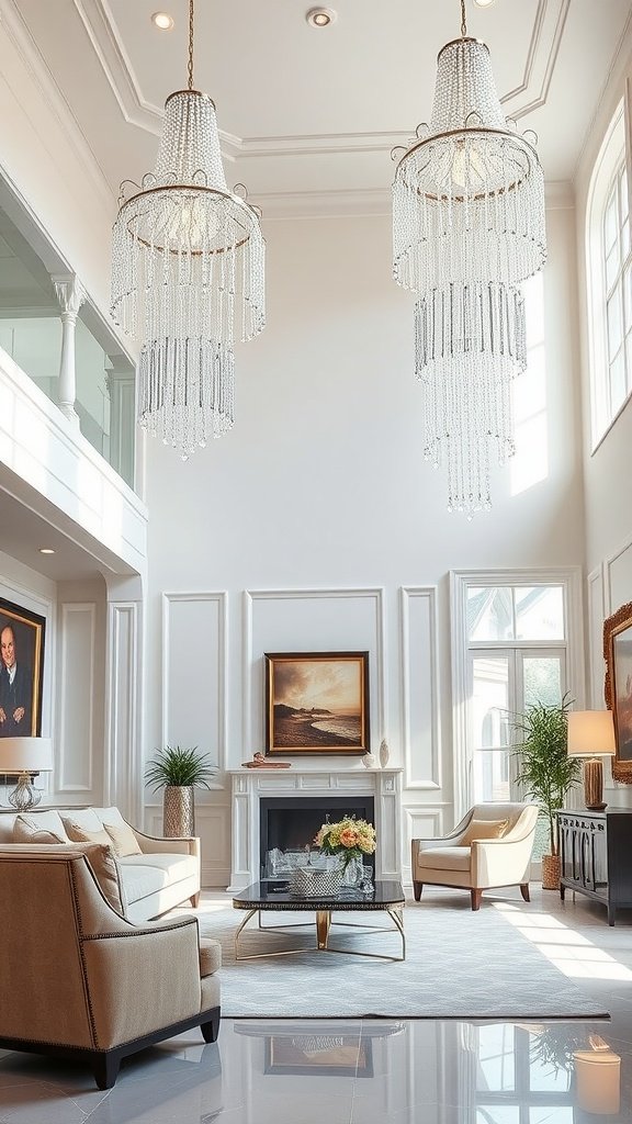 A stylish living room featuring elegant crystal wall fixtures.