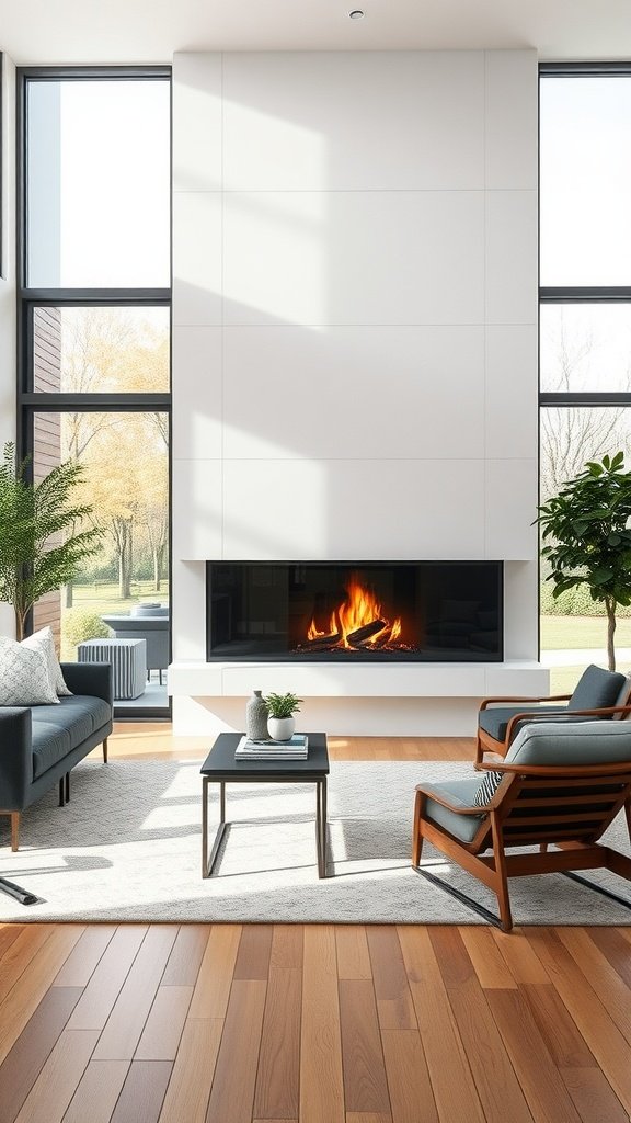 A modern living room featuring a glass-enclosed fireplace, stylish furniture, and large windows.