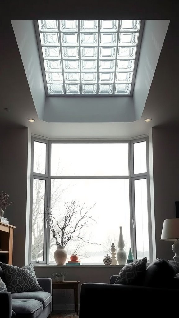 A stylish glass block skylight illuminating a modern living room.
