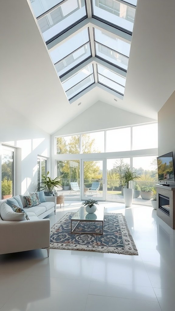 A spacious living room with a glass ceiling insert, allowing natural light to flood in, surrounded by comfortable seating and plants.