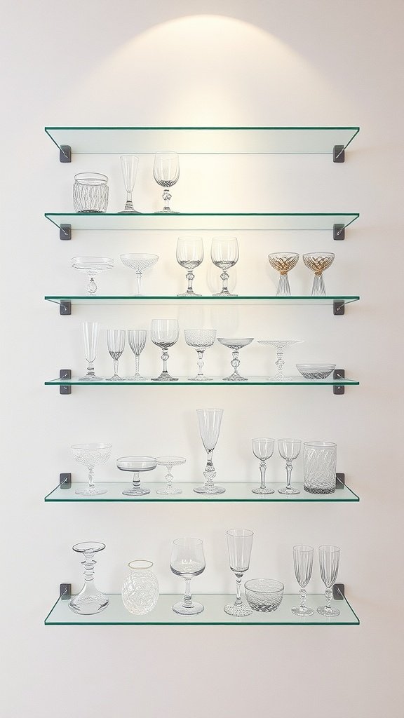 Glass floating shelves displaying various glassware