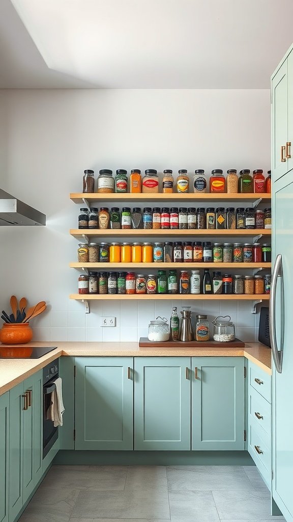 A modern kitchen with a colorful spice rack displaying various jars of spices and ingredients on wooden shelves.